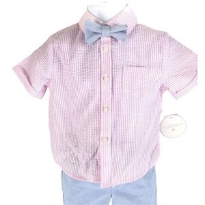 Nwt Edgehill Collection Newborn Baby Boys Pink Seersucker Shirt Bow Tie Button